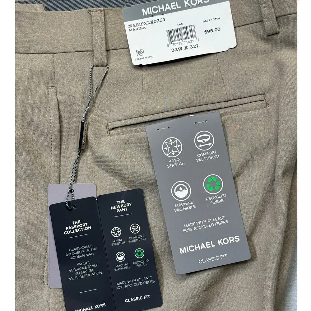 Michael Kors Men's Pleated Solid Classic Fit Pants Tan 32x32 $95